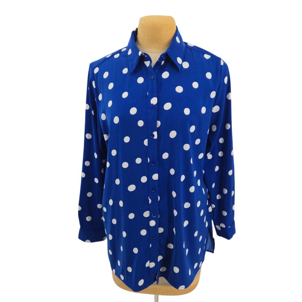 Susan Graver Button Front Shirt Womens Size L Blue Polka Dot Long Sleeve